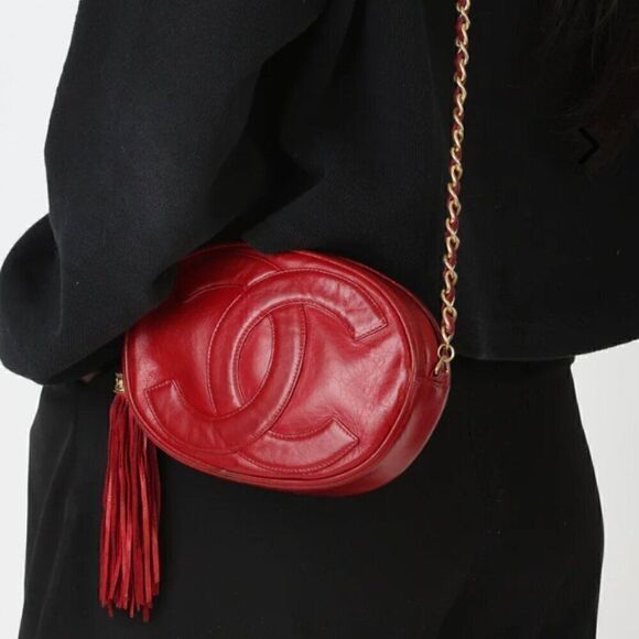 CHANEL Handbags - Chanel Red Lambskin Leather Round Oval Mini Small Camera Tassel Bag Purse VTG